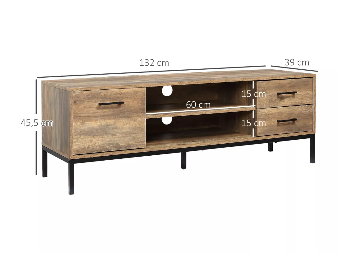 Meuble TV banc TV design industriel - porte, 2 tiroirs, 2 niches - piètement acier noir - aspect bois de manguier