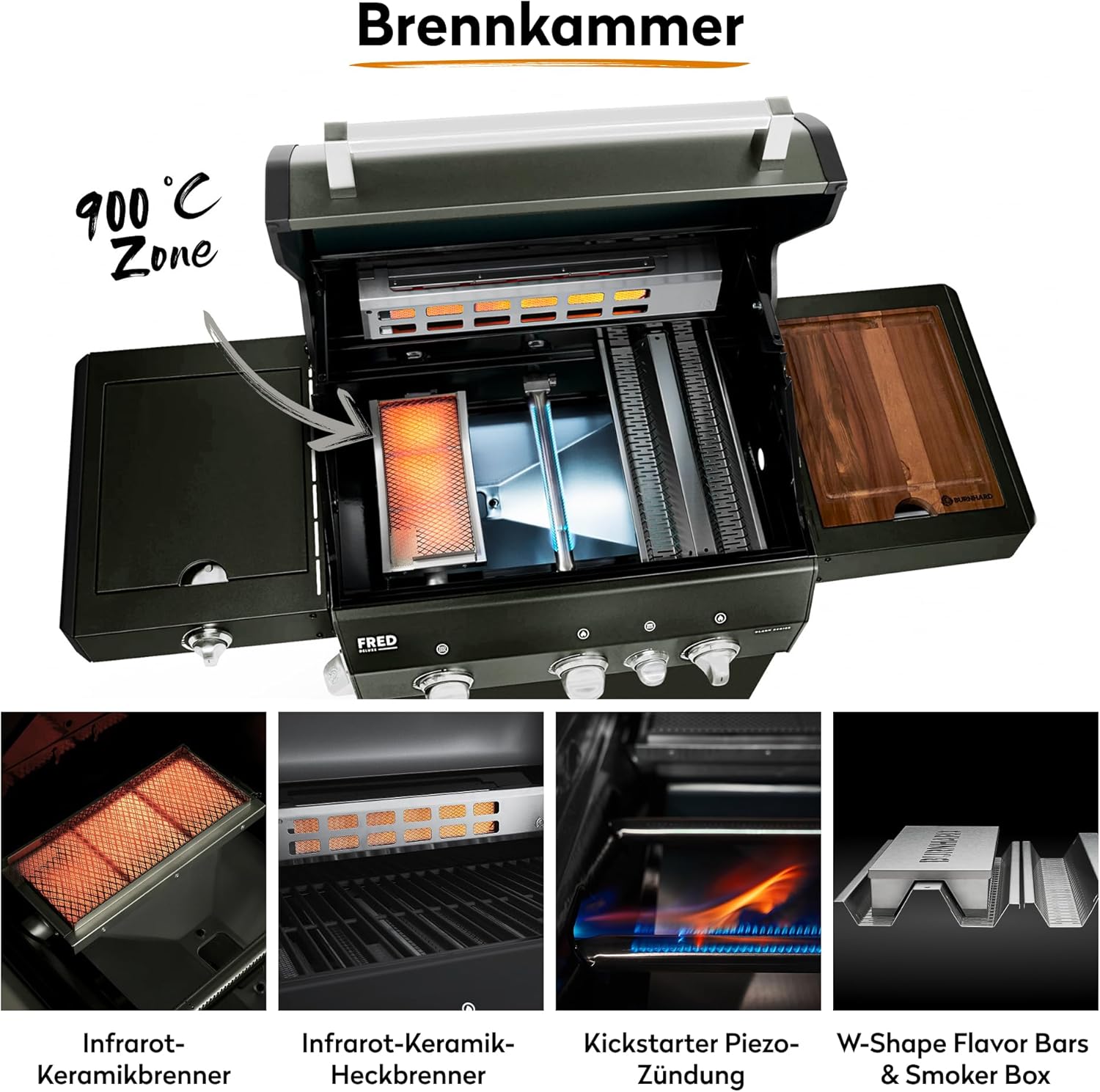 BURNHARD® Gasgrill 3-Brenner inkl. BACKBURNER, 900°C Infrarot-Keramikbrenner, Seitenkochfeld, Gusseisen-Grillrost, Grillabdeckung, Grillwagen, klappbare Seitentische – FRED GREEN
