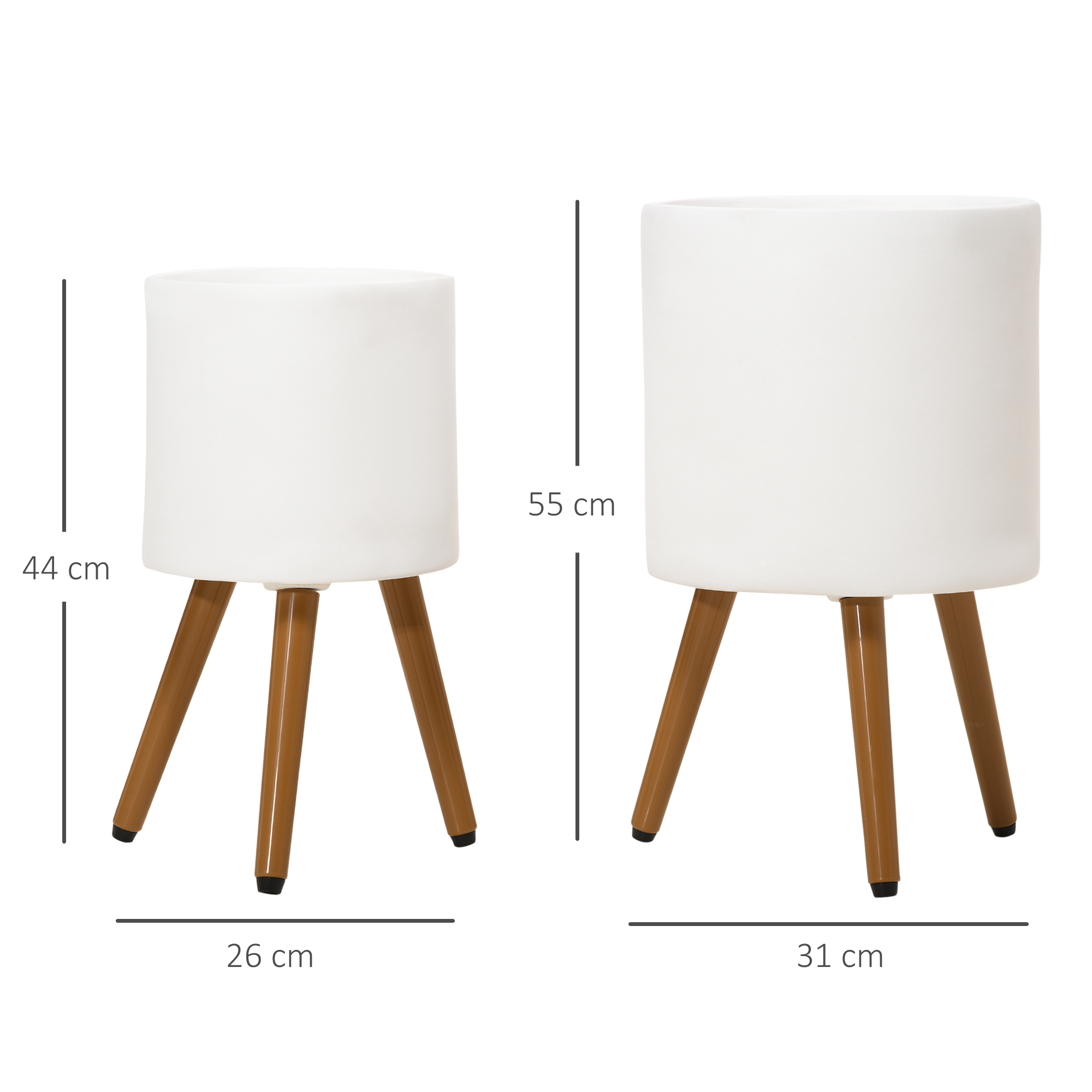 Conjunto de 2 vasos de plantas Outsunny, em magnésia, com pés removíveis e furo de drenagem, para decoração de interiores e exteriores, Ø31x55 cm e Ø26x47 cm, brancos.