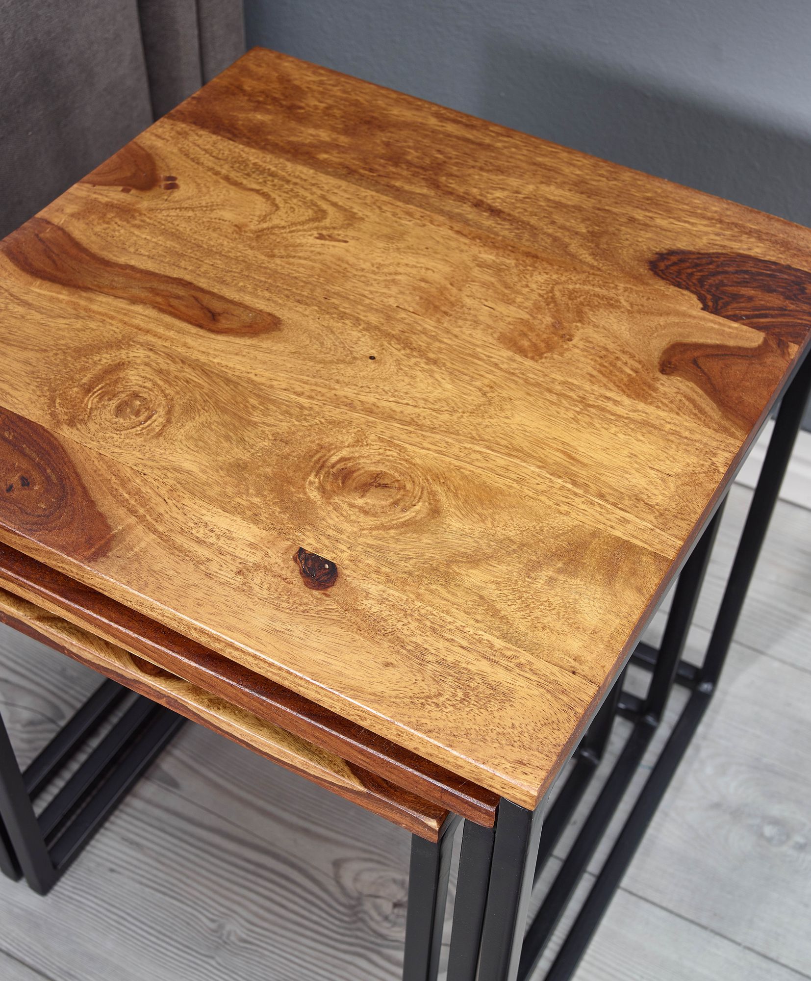 Satztisch FineBuy Beistelltisch 3er Set Holz Massiv Metall Couchtisch Tisch