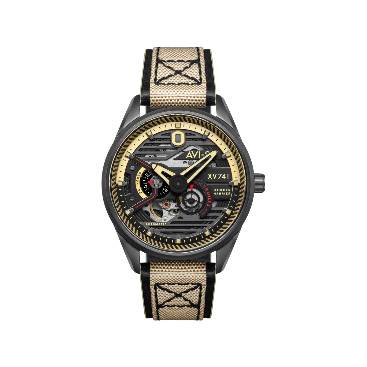 Montre AVI-8 homme automatique acier cuir et nylon marron.