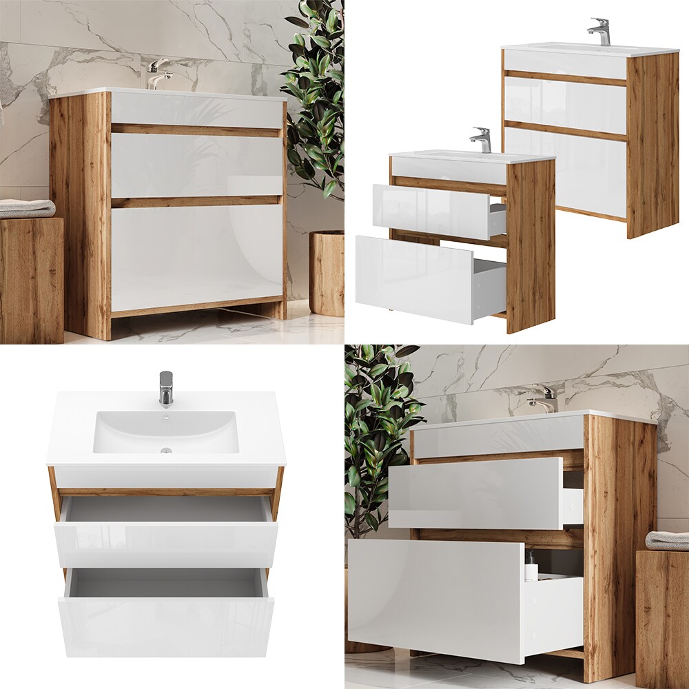 Vicco Waschbecken mit Unterschrank Detmold Eiche Weiß 80 cm