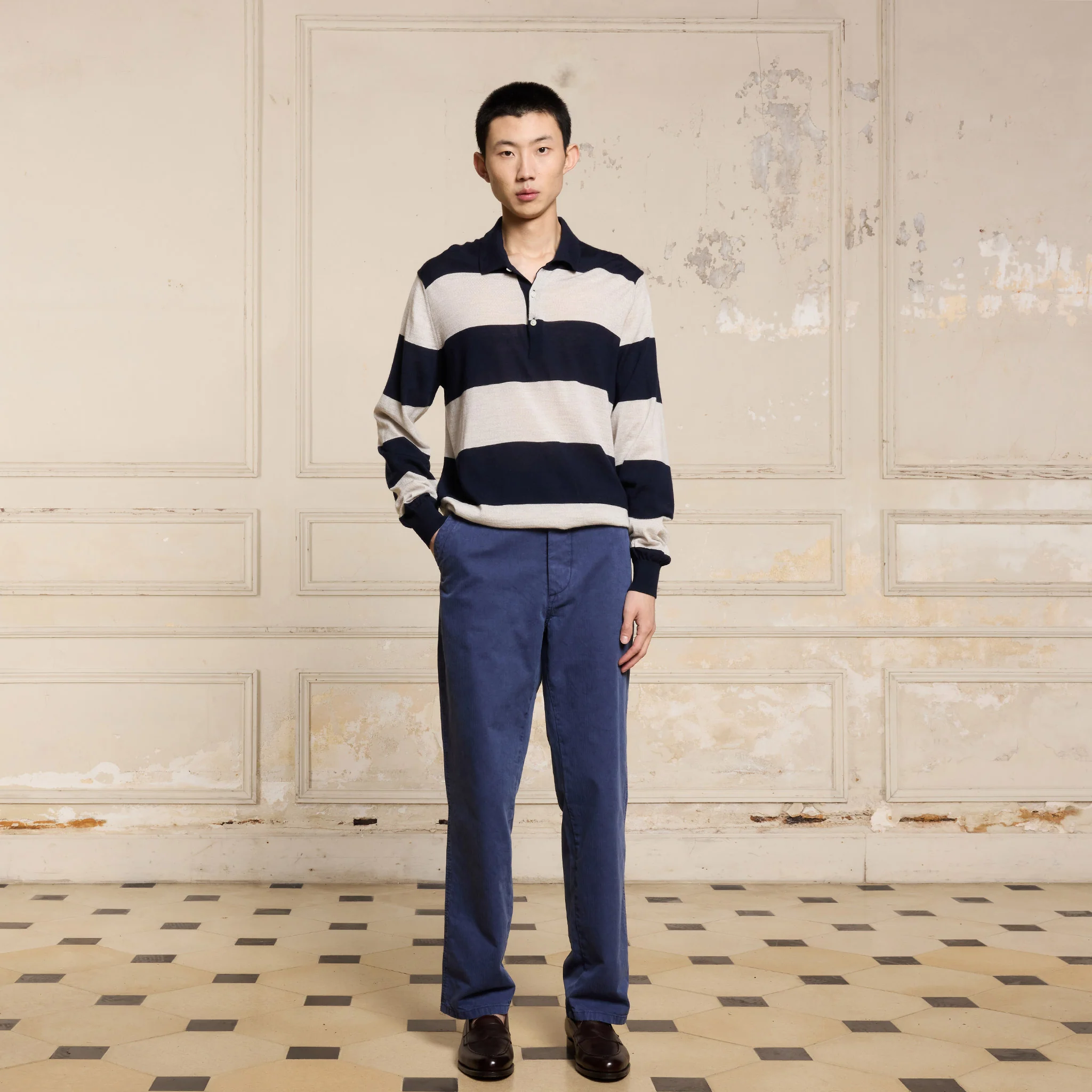 Striped extra-fine merino wool polo collar sweater