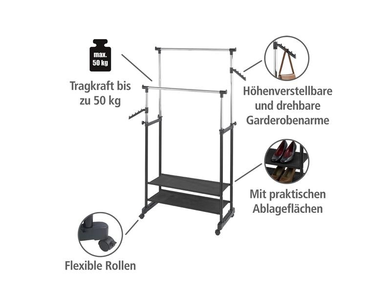 Wenko Garderobenständer All In 117 cm/169 cm, Schwarz/Silbe Kleiderständer auf vier Rollen