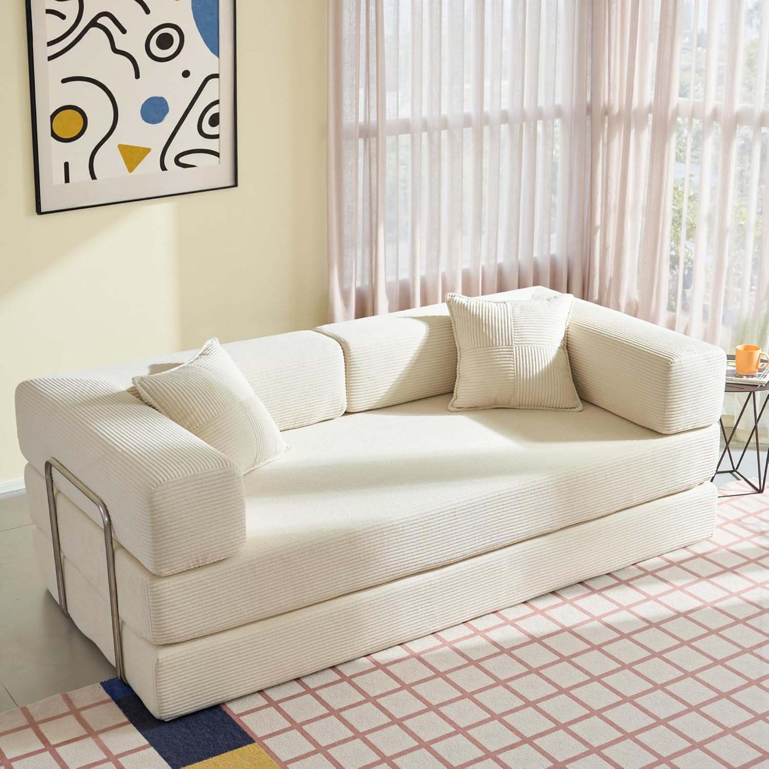 YINIX Faltbares Schlafsofa 200cm Breite XXL Bett, Modulares Bodensofa, Cord Wolkensofa mit Metallrahmen, 3 Sitzer Gästebett Klappbar, rutschfest, Waschbar (Creme, 200cm (3-Sitzer))