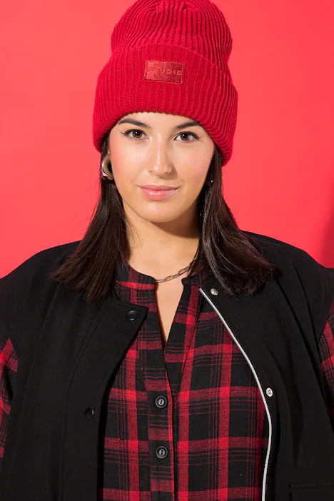 Beanie, Mütze, Rippstrick, Patch, Unisex, apfelrot