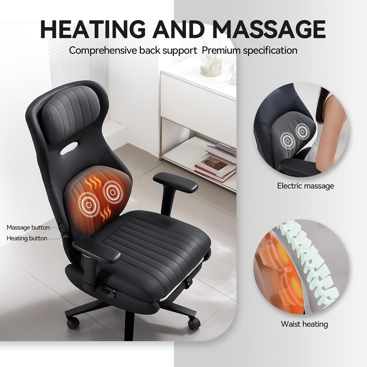 EMIAH Ergonomischer Bürostuhl, Schreibtischstuhl mit Fußstütze aus PU Leder, Verstellbare Armlehnen Compute Stuhl, mit Heizung und Massage, Chefsessel mit Kopfstütze und Lendenwirbelstütze, Schwarz FS6194690