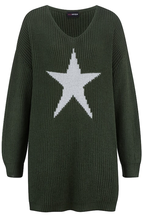 Long-Pullover, großer Stern, V-Ausschnitt, Langarm