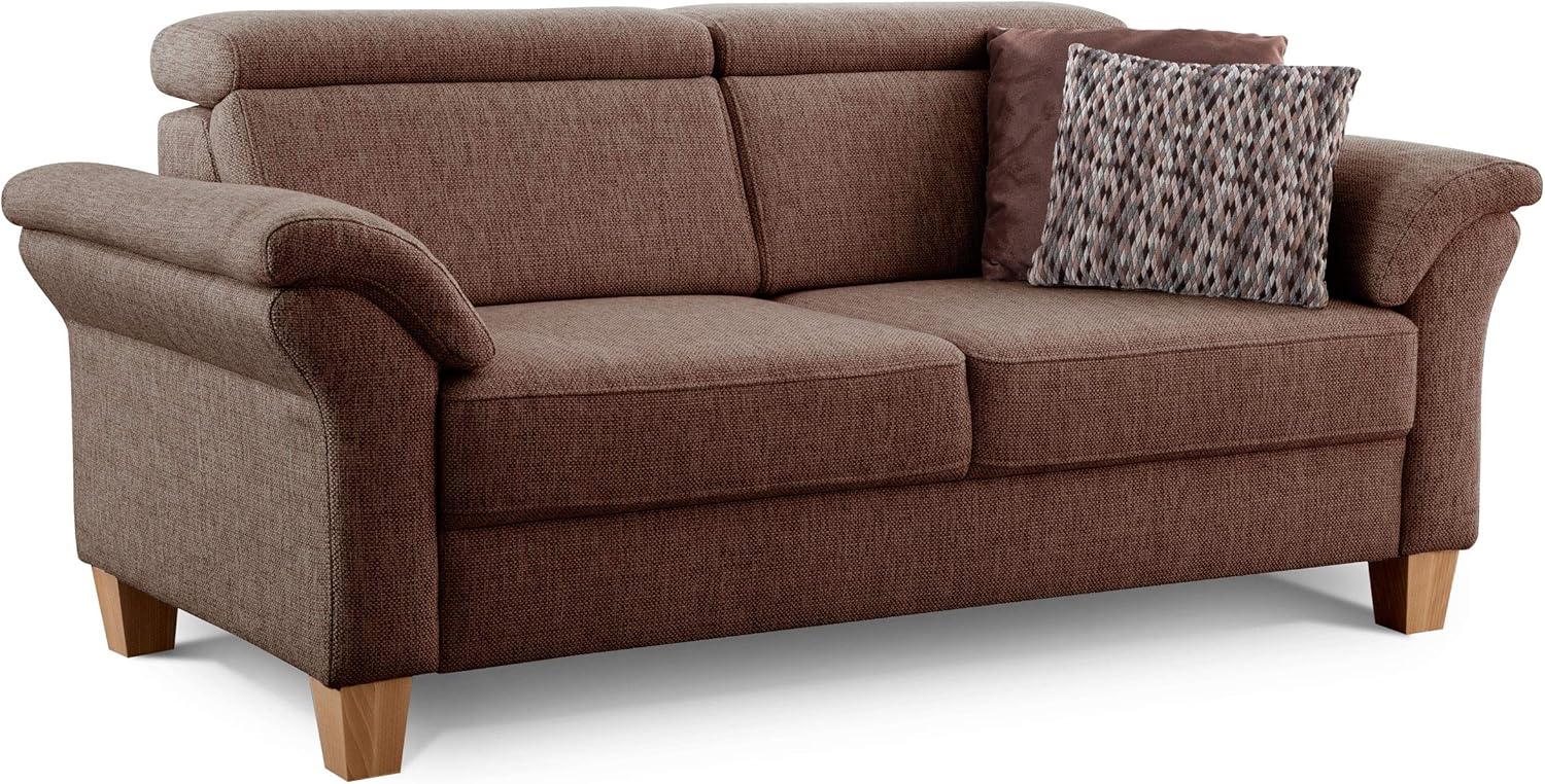 Cavadore 3-Sitzer Sofa Ammerland / Couch mit Federkern im Landhausstil / Inkl. verstellbaren Kopfstützen / 186 x 84 x 93 / Strukturstoff braun