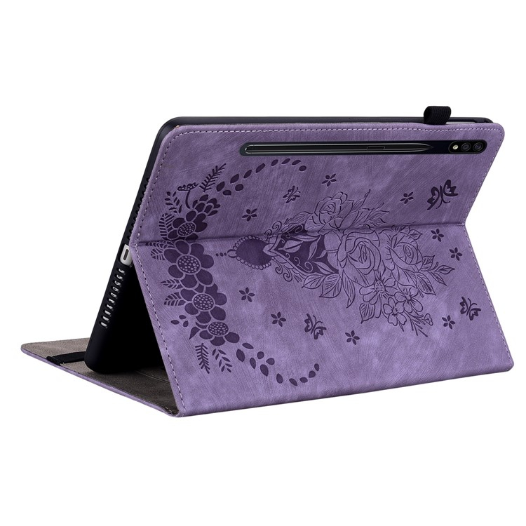Samsung Galaxy Tab S10 Lite / S10 FE / Tab S9 FE / S9 Leder Tasche Flip Cover Rosen & Schmetterling Imprint   S-Pen Halterung - Lila