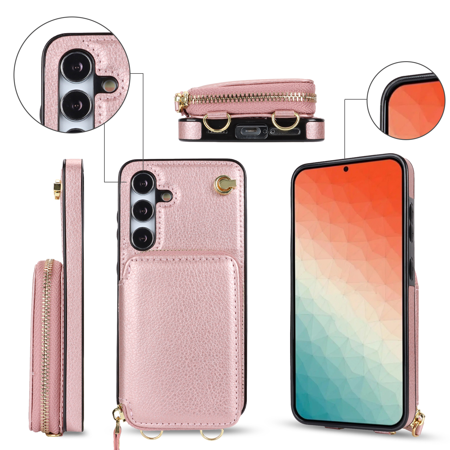Samsung Galaxy S24  Plus Necklace Leder Schutz Hülle mit Kartenfächer   Handykette (140cm) - Roségold