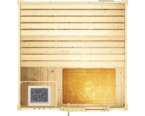 Weka Naantali saunacabine inclusief 9 kW kachel en geïntegreerde bedieningseenheid met houten deur en geïsoleerd glas.