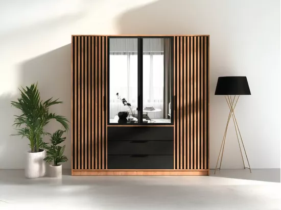 Armoire 4 portes et 3 tiroirs - Avec miroir - L196 cm - Coloris : Naturel et noir - LIRMADA
