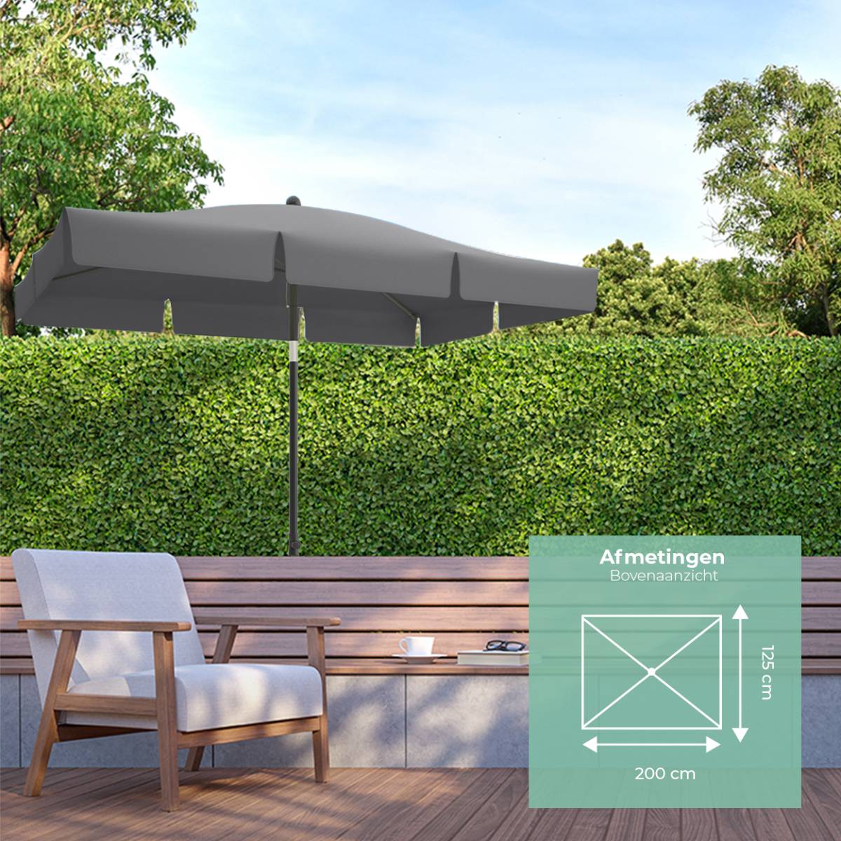 LifeGoods 200 x 125 cm parasol met hoes - Dark Grey