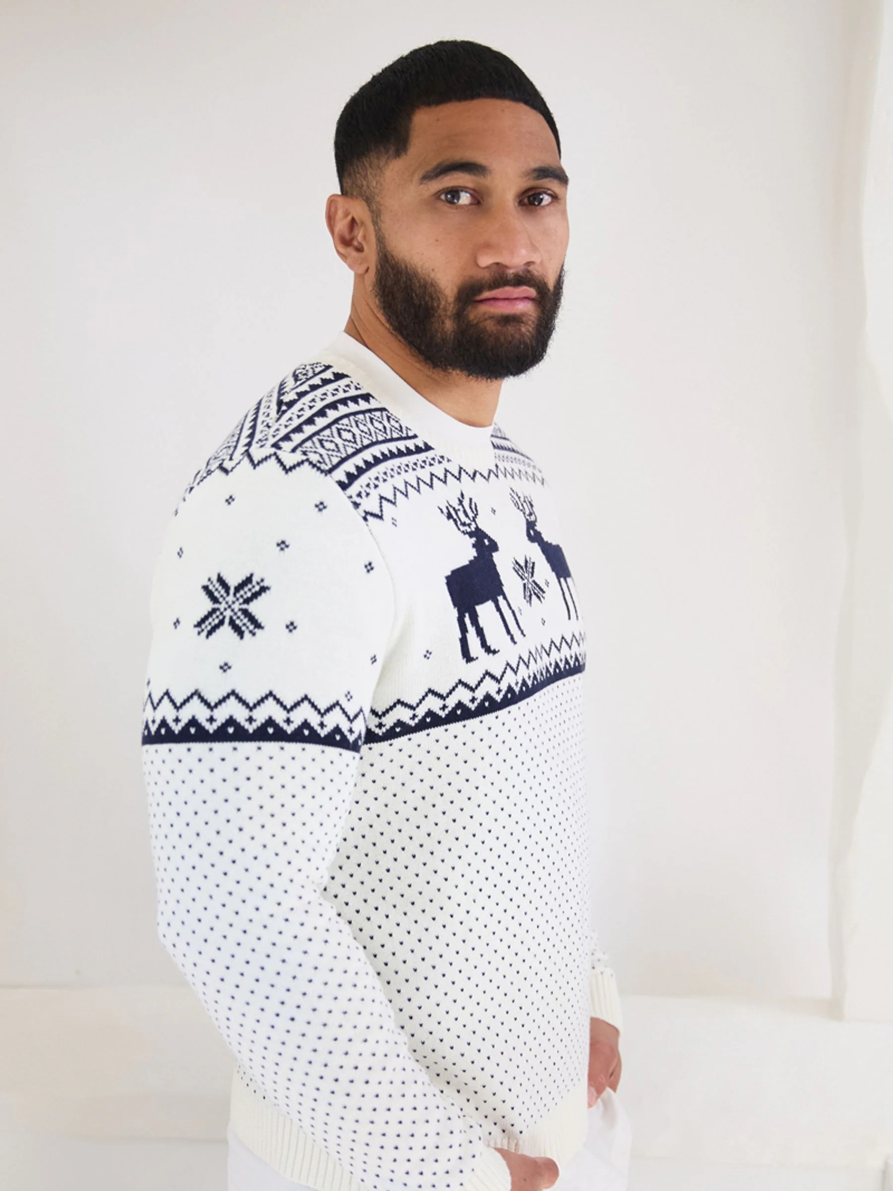 Crème - Kerstmis rendiertrui met Fairisle-patroon