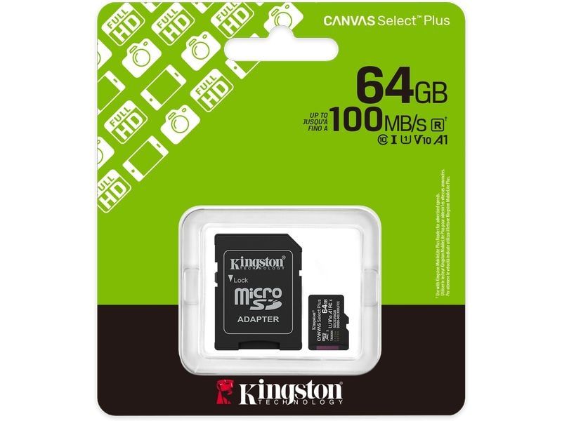 Kingston microSDXC-Karte Canvas Select Plus Gen3 64 GB Robuste microSDXC-Karte für Full-HD-Aufnahmen mit Speicherkartenadapter