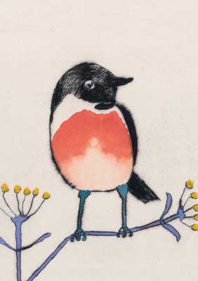 Stonechat Dry Point and Watercolour