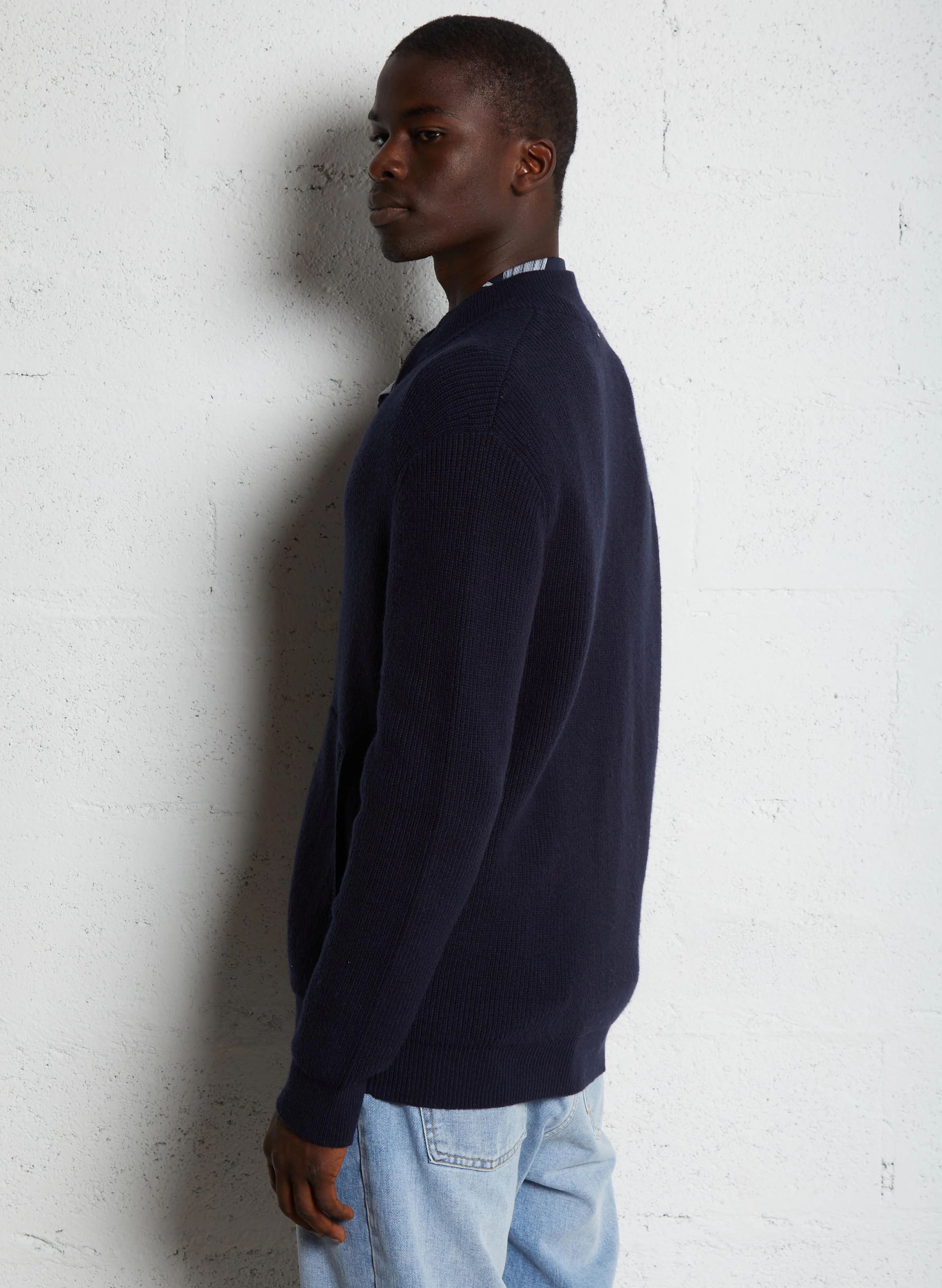 Cardigan droit en coton et laine mélangé | Bleu