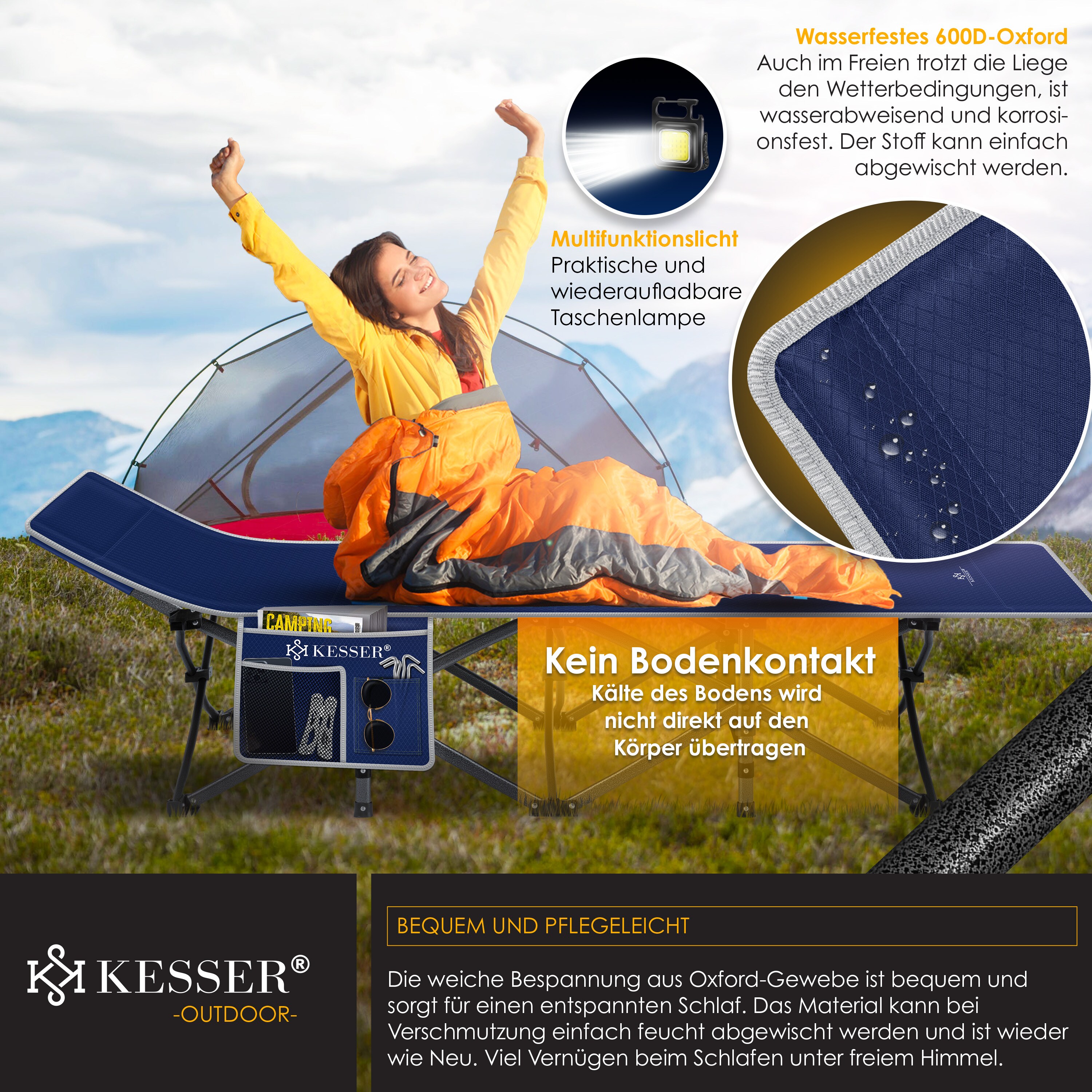 KESSER® Campingbett Feldbett Klappbar Klappbett Campingliege inkl. Tragetasche + Seitentasche Stabiles Feldbett 250kg Belastbar Metallrohr 600D Oxfordgewebe Tragbar Liege Reise Bequem