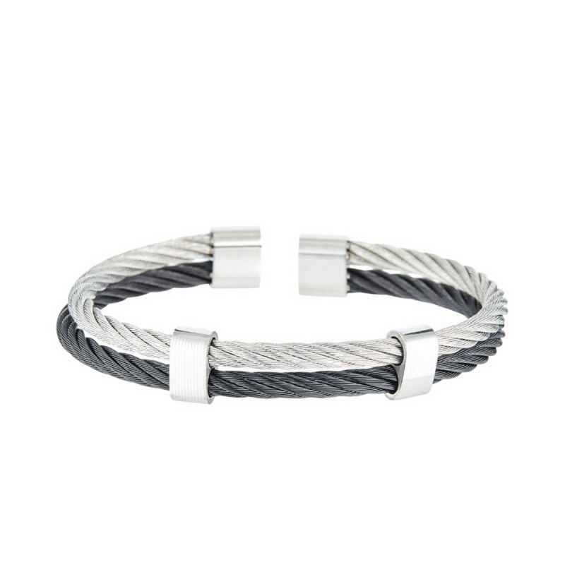 Bracelet Homme double cable acier Bicolore Noir et Gris 