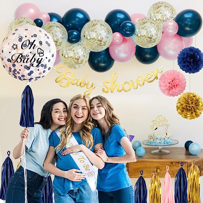 (53-tlg. Set) Baby Shower Party Luftballons / Pompon's / Kuchenstecker / Schärpe / Girlanden Deko Gender Reveal / Geburt - Rosa / Blau / Gold