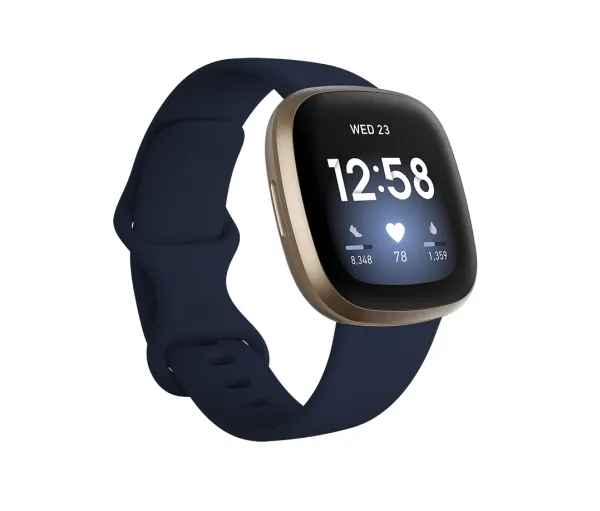 [OUTLET] - Fitbit Versa 3 - Blødt guld-aluminium - smart ur med bånd - silikone - midnat - båndstørrelse: S/L - Wi-Fi, NFC, Bluetooth