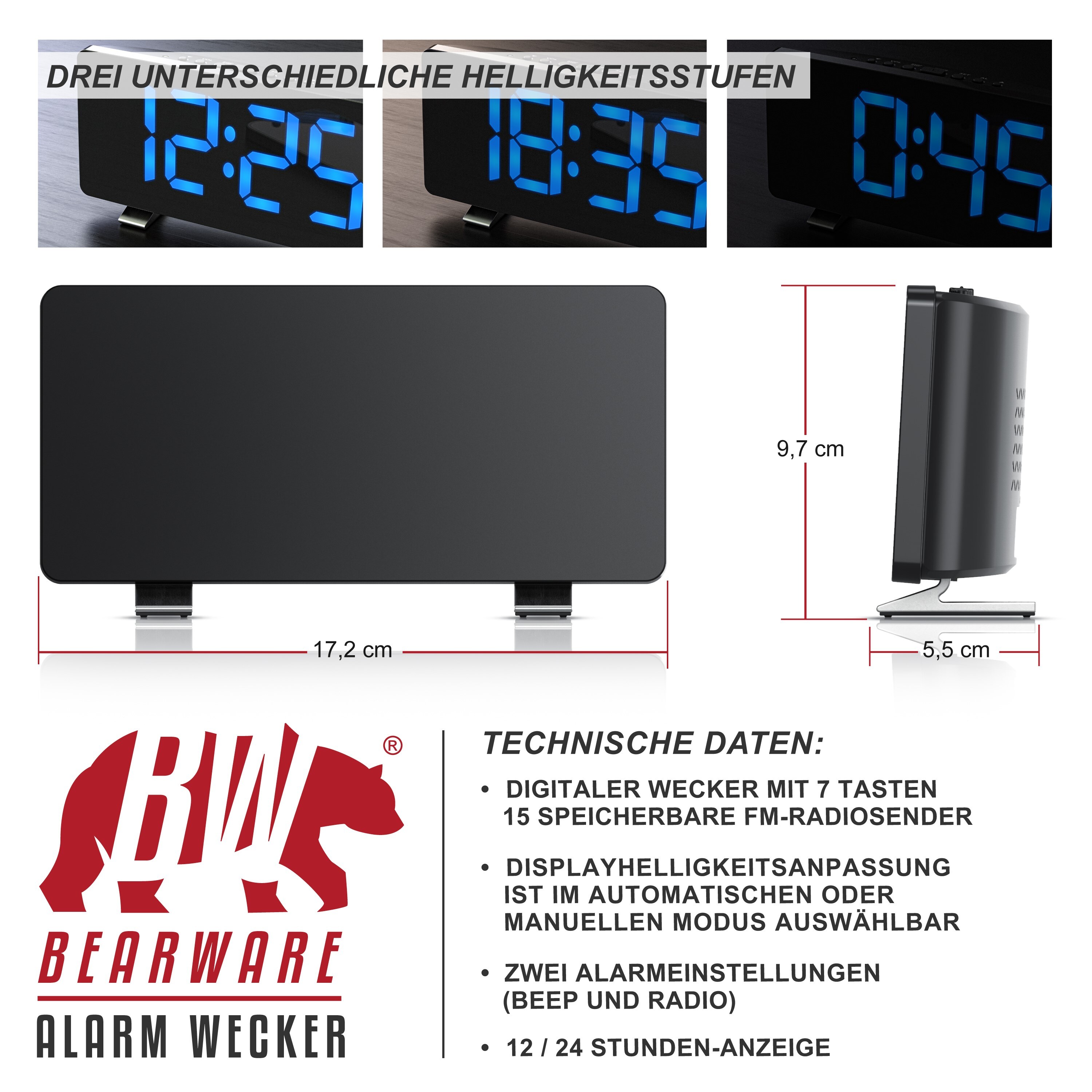 BEARWARE Radiowecker, Digitaler Radio Wecker mit Autodimmer, Snooze, 15 FM Radiospeicher