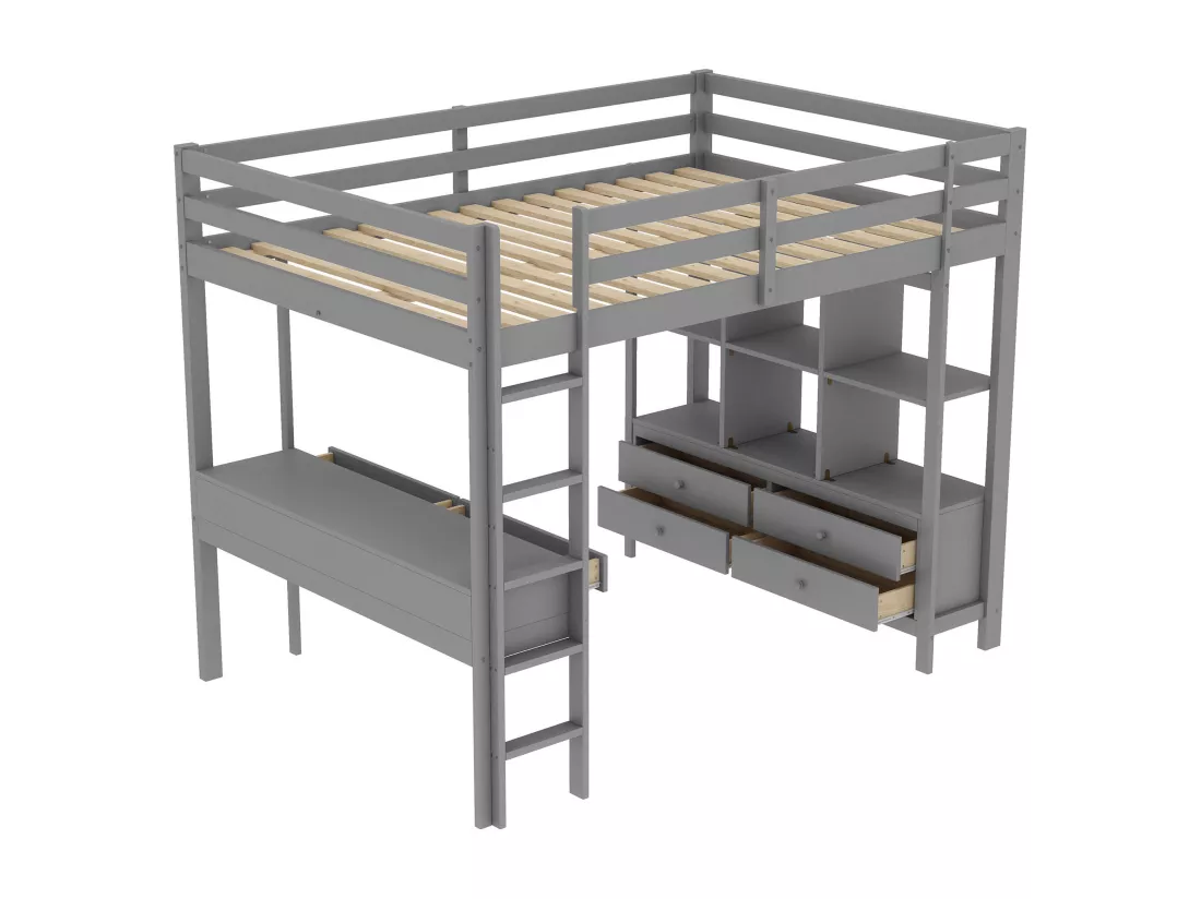 Lit mezzanine 140x200cm en pin massif avec bureau + tiroirs + étagères + sommier à lattes - Gris