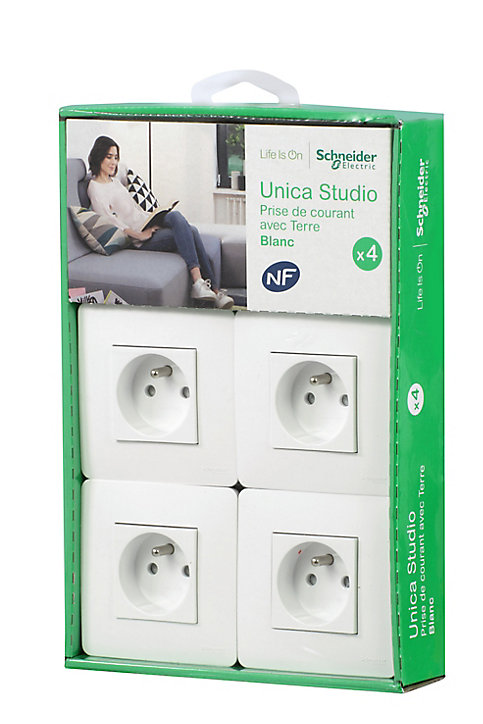 Prise avec terre complète Schneider Electric Unica Déco blanc, lot de 4