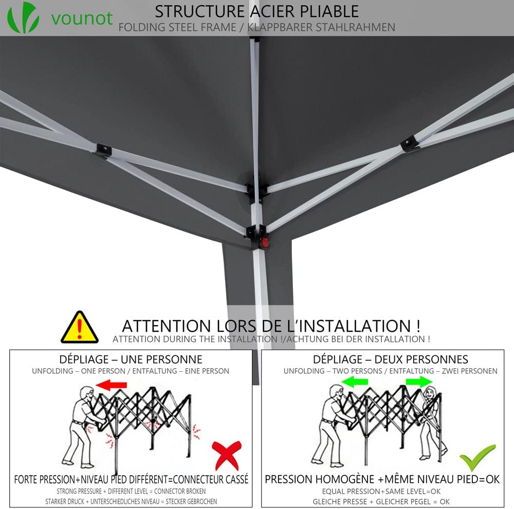 VOUNOT® Pavillon 3x3m mit 4 Seitenteilen & 4 Sandsäcke, Pop Up Faltpavillon, Faltbar Gartenzelt Partyzelt, inkl. Tasche, Grau