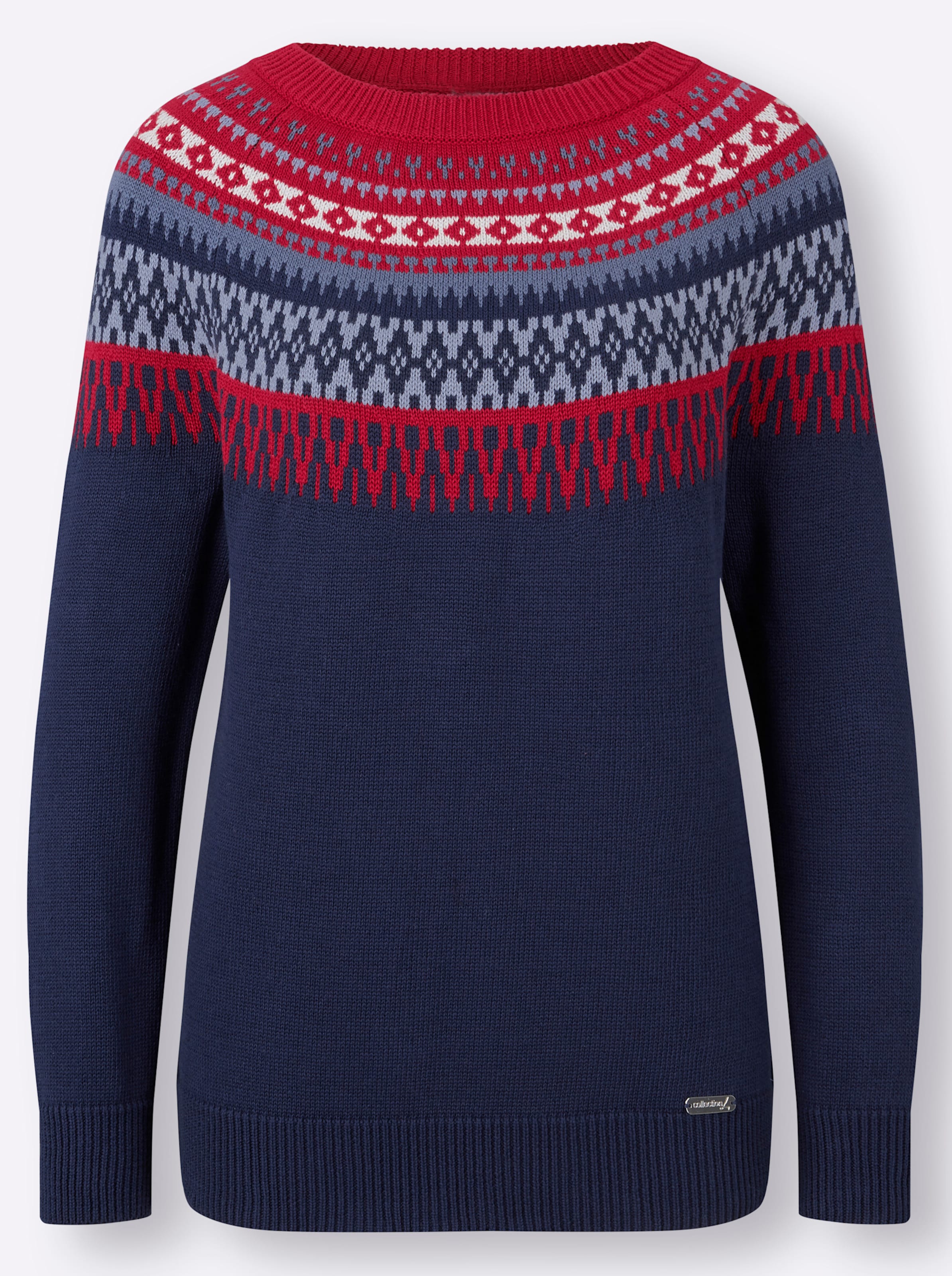 Norwegerpullover in nachtblau-kirsche-gemustert