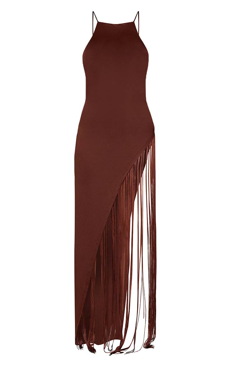 Chocolat Robe Longue Asymétrique Tissée À Franges Avec Fente Latérale