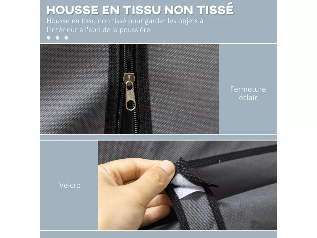 Armoire penderie multi-rangement - 8 étagères, 2 barres - dim. 125L x 43l x 162,5H cm - acier noir non tissé gris