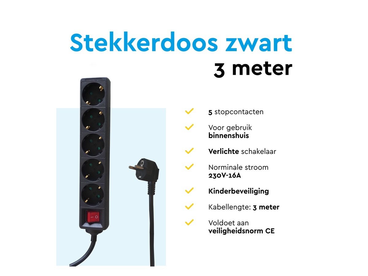 BRASQ 3 meter 5-voudige stekkerdoos met schakelaar - Black