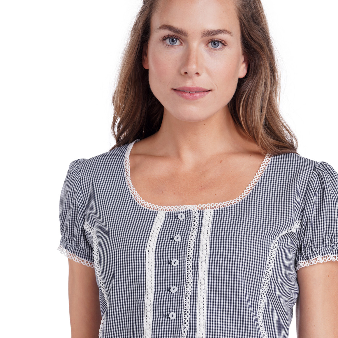 Gina Benotti Damen Trachtenbluse mit Spitzendetails dunkelblau / weiss