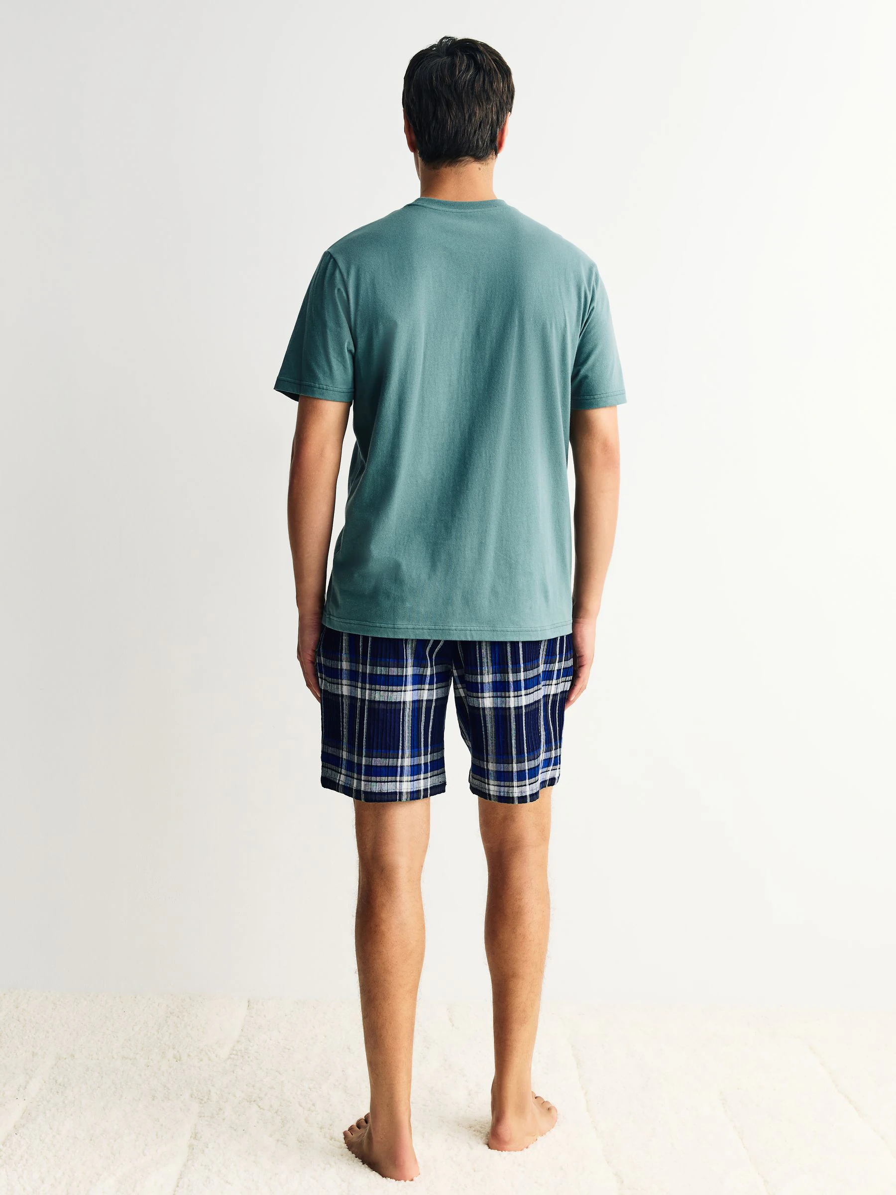 Donkerblauw - Geruite pyjama met korte mouwen