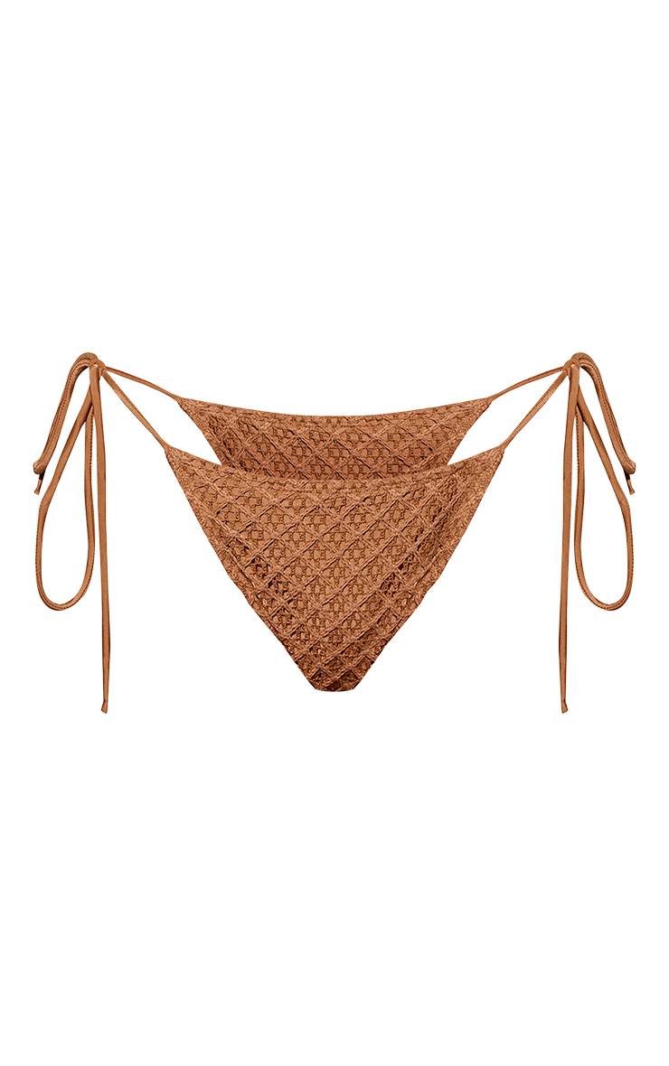Marron Bas De Bikini En Jersey Texturé À Nouer Sur Les Côtés