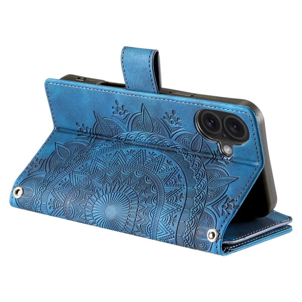 iPhone 16 Leder Tasche Flip Cover mit Reissverschluss - Mandala Flowers Imprint - Blau