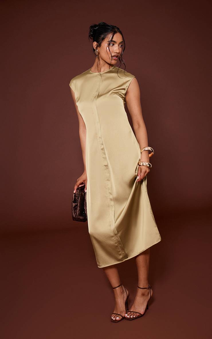 Vert Olive Robe Droite En Satin À Manches Courtes