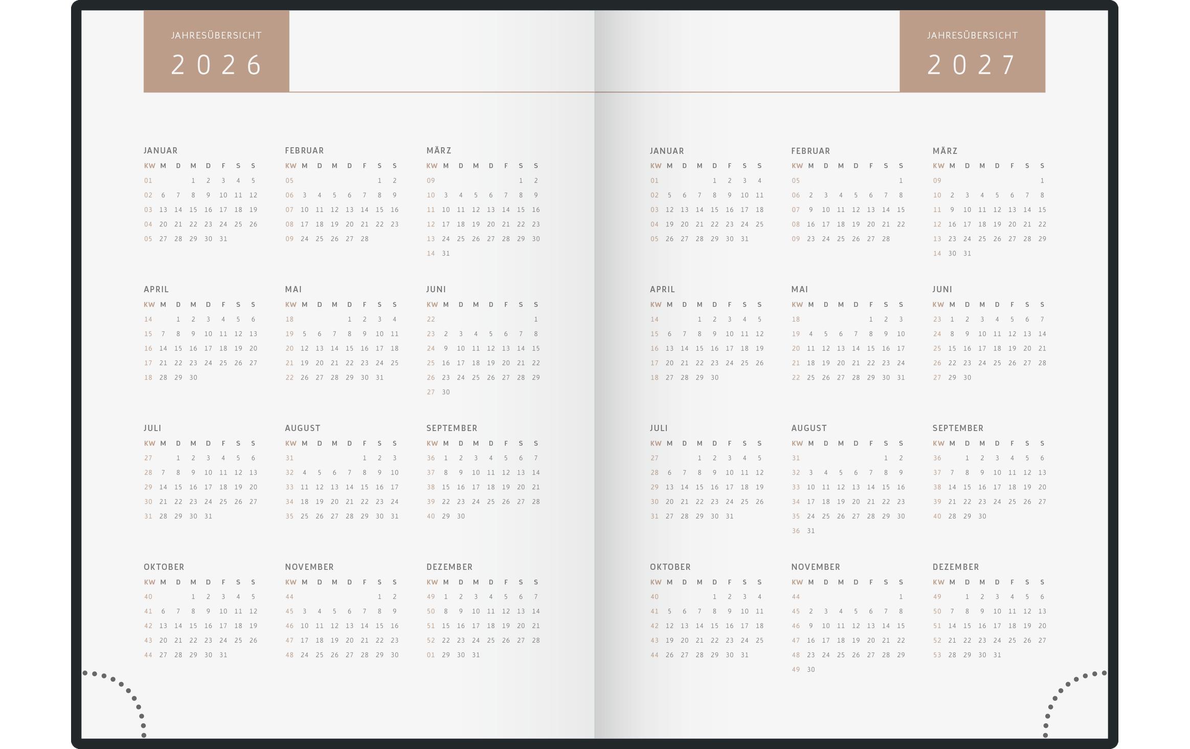 Wochenagenda Design Line 2026Buchkalender mit zwei Seiten je Woche