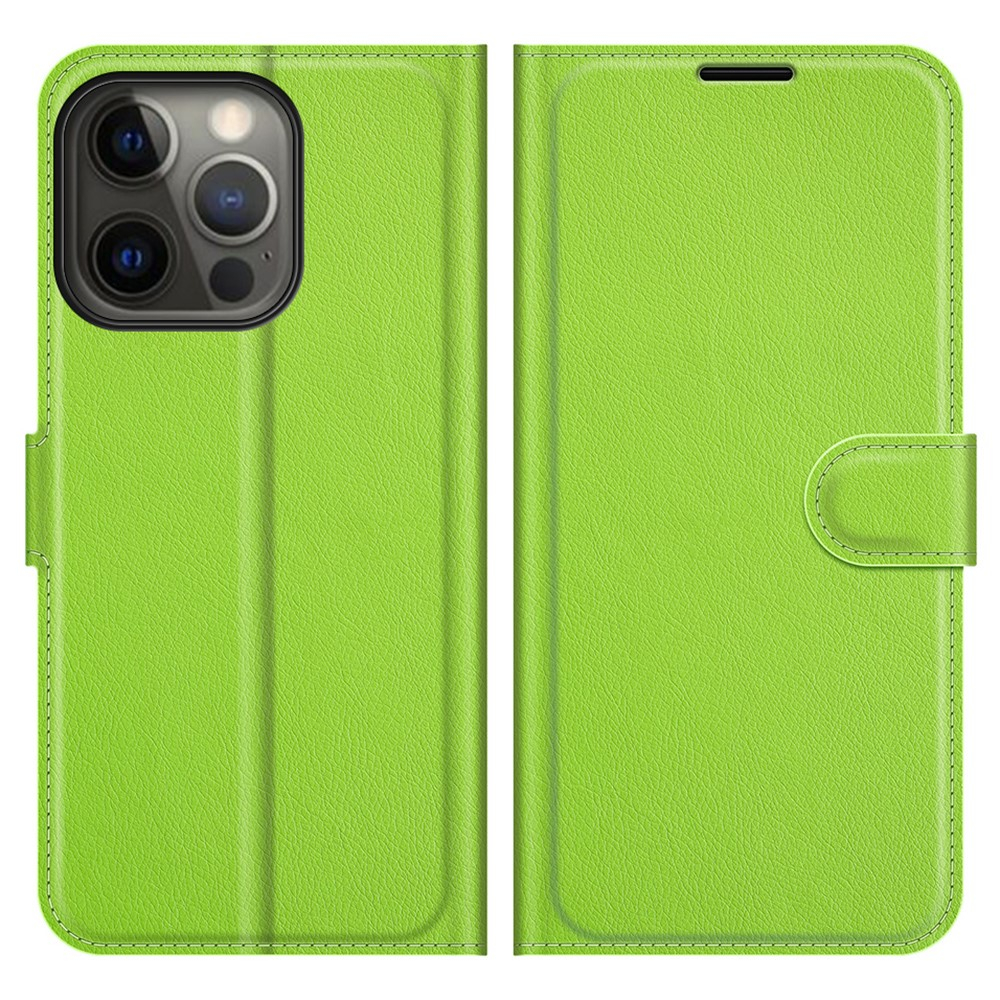 iPhone 13 Pro Leder Tasche Flip Cover Litchi Look - Grün
