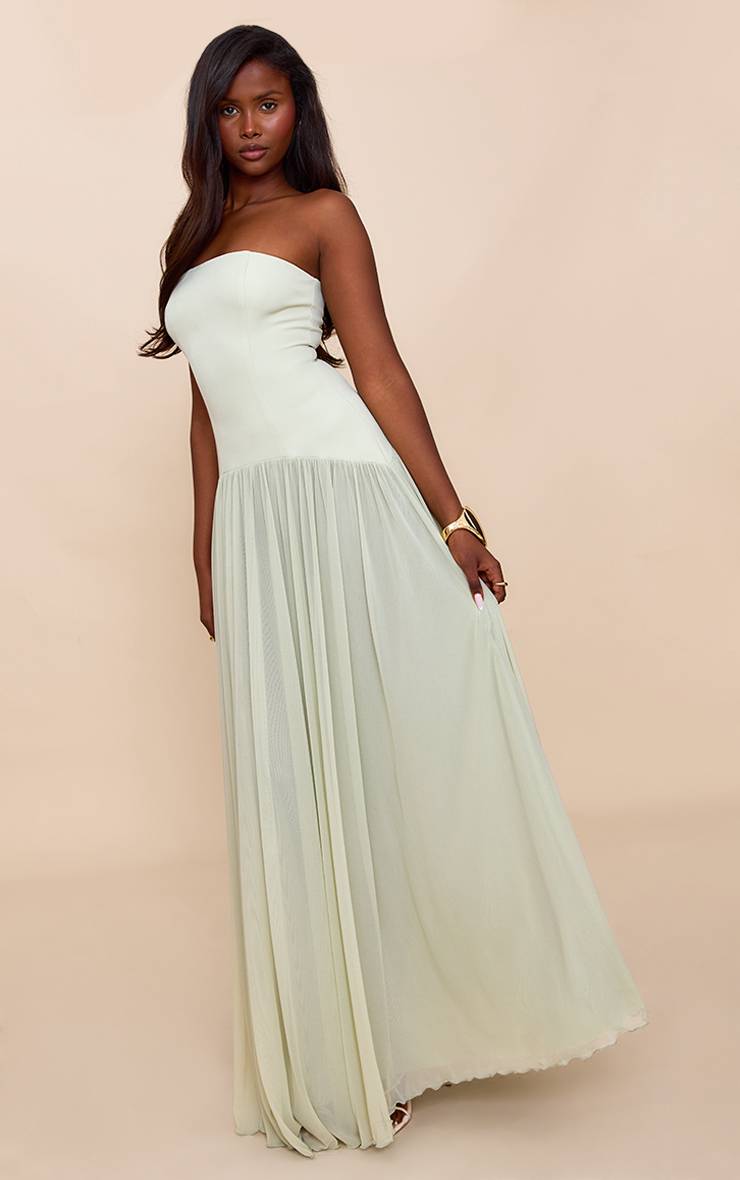 Vert Sauge Robe Longue Plissée En Mousseline Bustier Bandeau