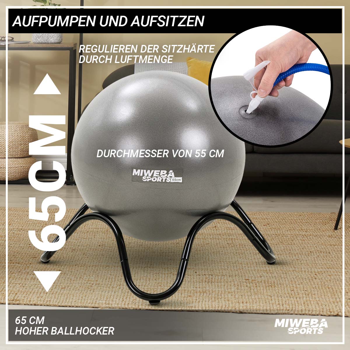 Miweba Sports Ballstuhl Starfish, Sitzball-Stuhl, Gymnastikball, PVC, Metall-Gestell, Stoff-Überzug (Grau)