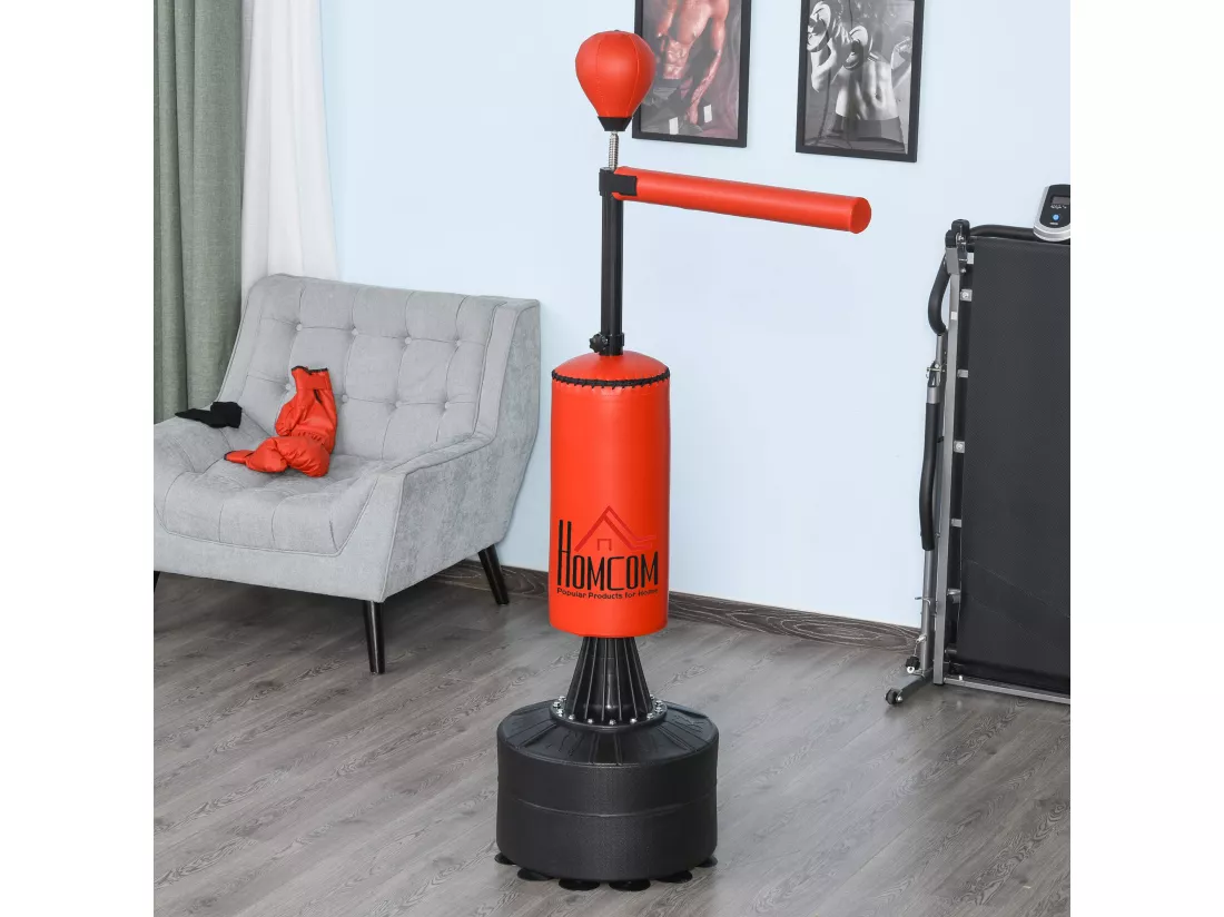 Sac de frappe boxe autoportant punching ball brunier 3 en 1 revêtement synthétique dim. 88L x 48l x 155-205H cm rouge noir
