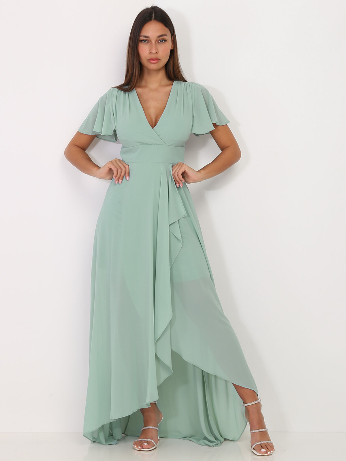 Robe portefeuille verte à manches papillons Vert clair- Vert clair