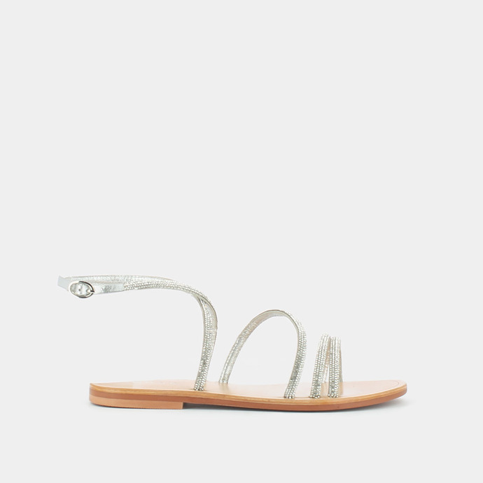 Sandales plates à brides et lanières  en cuir et strass argent