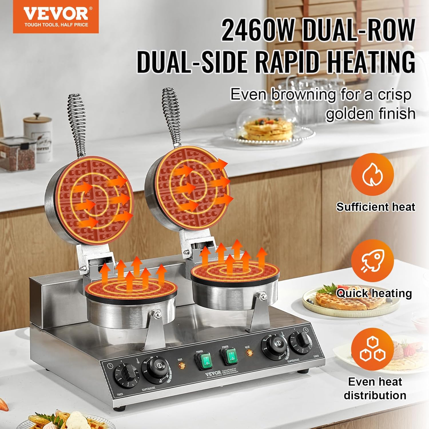 VEVOR kommerzielles rundes Waffeleisen mit Doppelkopf 2460 W, belgisches Waffeleisen mit antihaftbeschichteten Backfläche, Temperatur- und Zeitregelung, für Restaurant Bäckerei Snackbar
