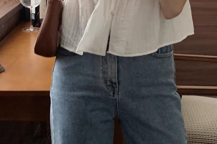 minaga - Effen blouse met kanten rand en pofmouwen
