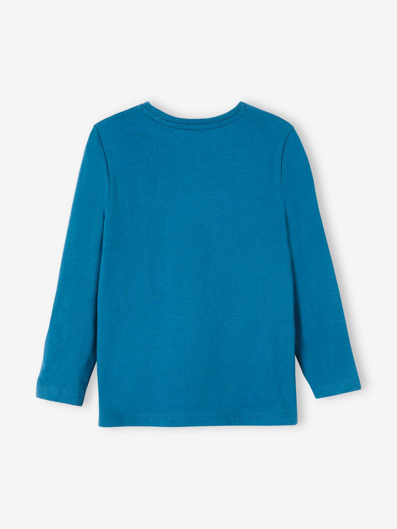 Camiseta com estampa gráfica, para menino, lisa, azul-escura com motivos.