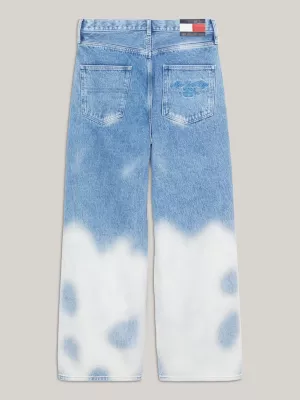 Calça jeans unissex de perna larga com lavagem descolorida